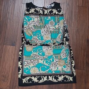 Sandra Darren Black with Teal & Gold Designed Sleeveless Dress size 18